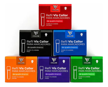 Kit Marcador Para Quadro Branco Vis Collor Com 6 Canetões E 72 Recargas