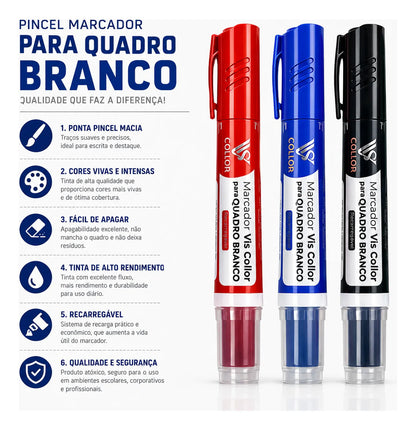 6 Pincel Quadro Branco Lousa Escola +6 Recargas + Pontas 6 Cores