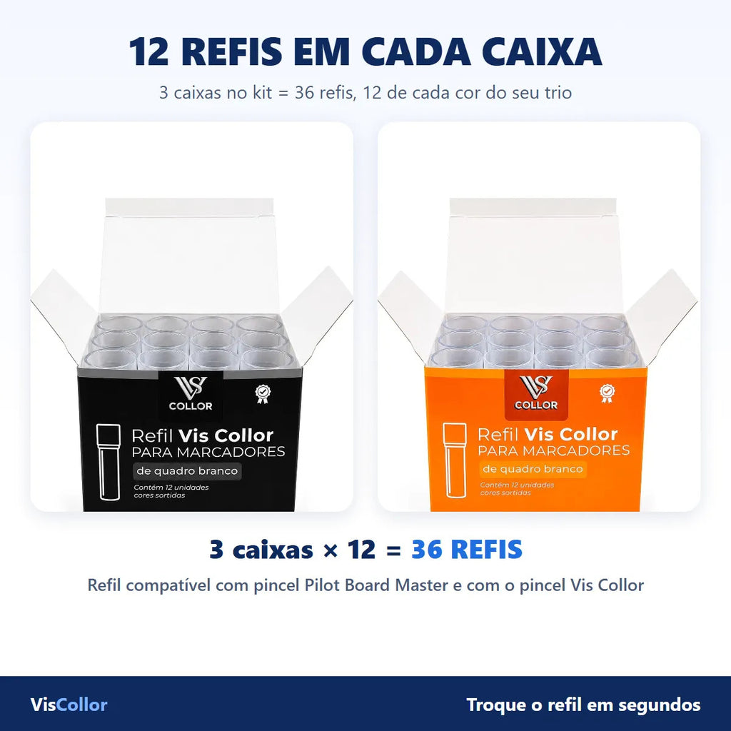 Pincel Quadro Branco Recarregável Kit 3 + 36 Refil