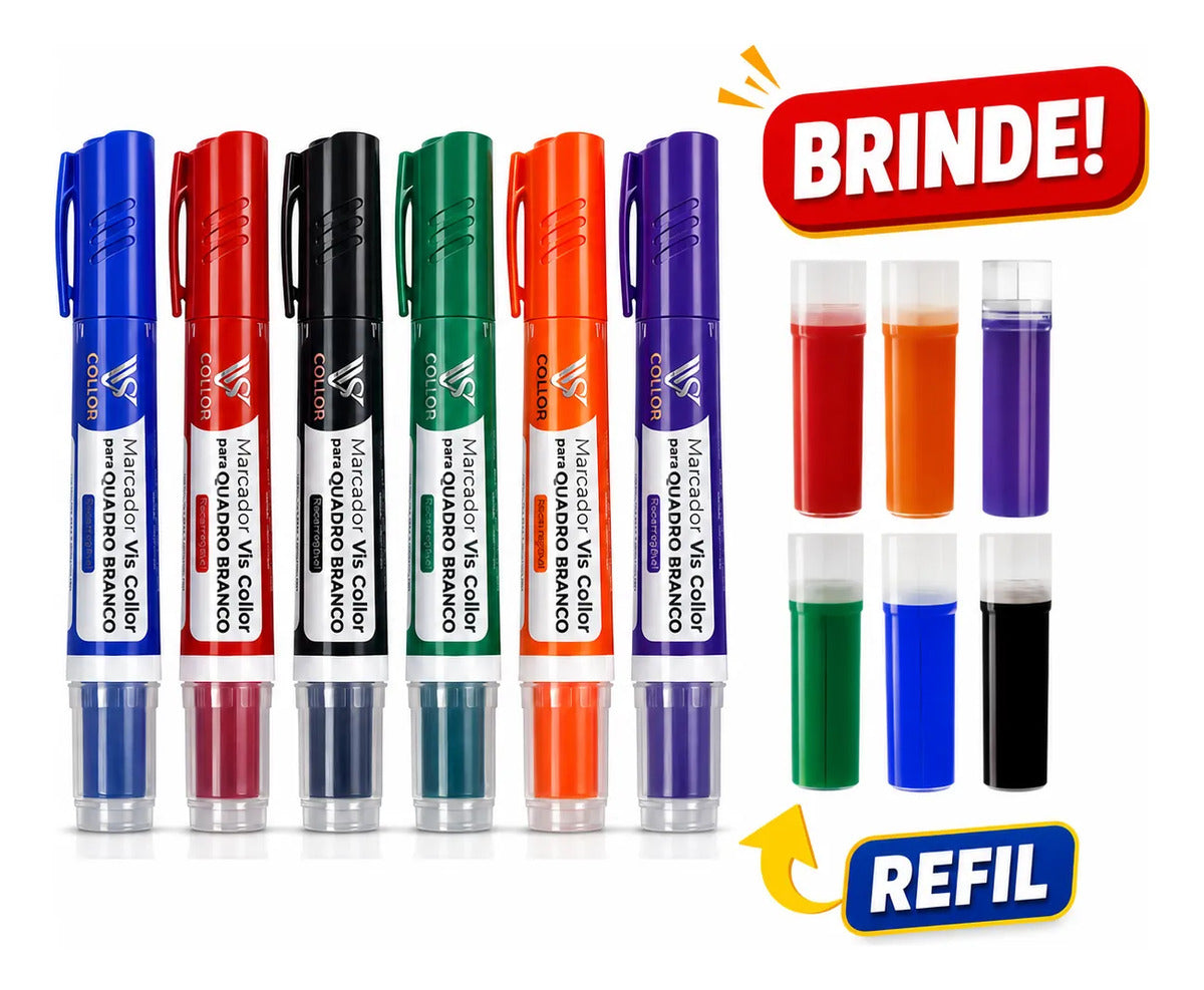 Kit 6 Pincel Tinta De Quadro Branco Lousa+6 Refis De Brinde 6 Cores
