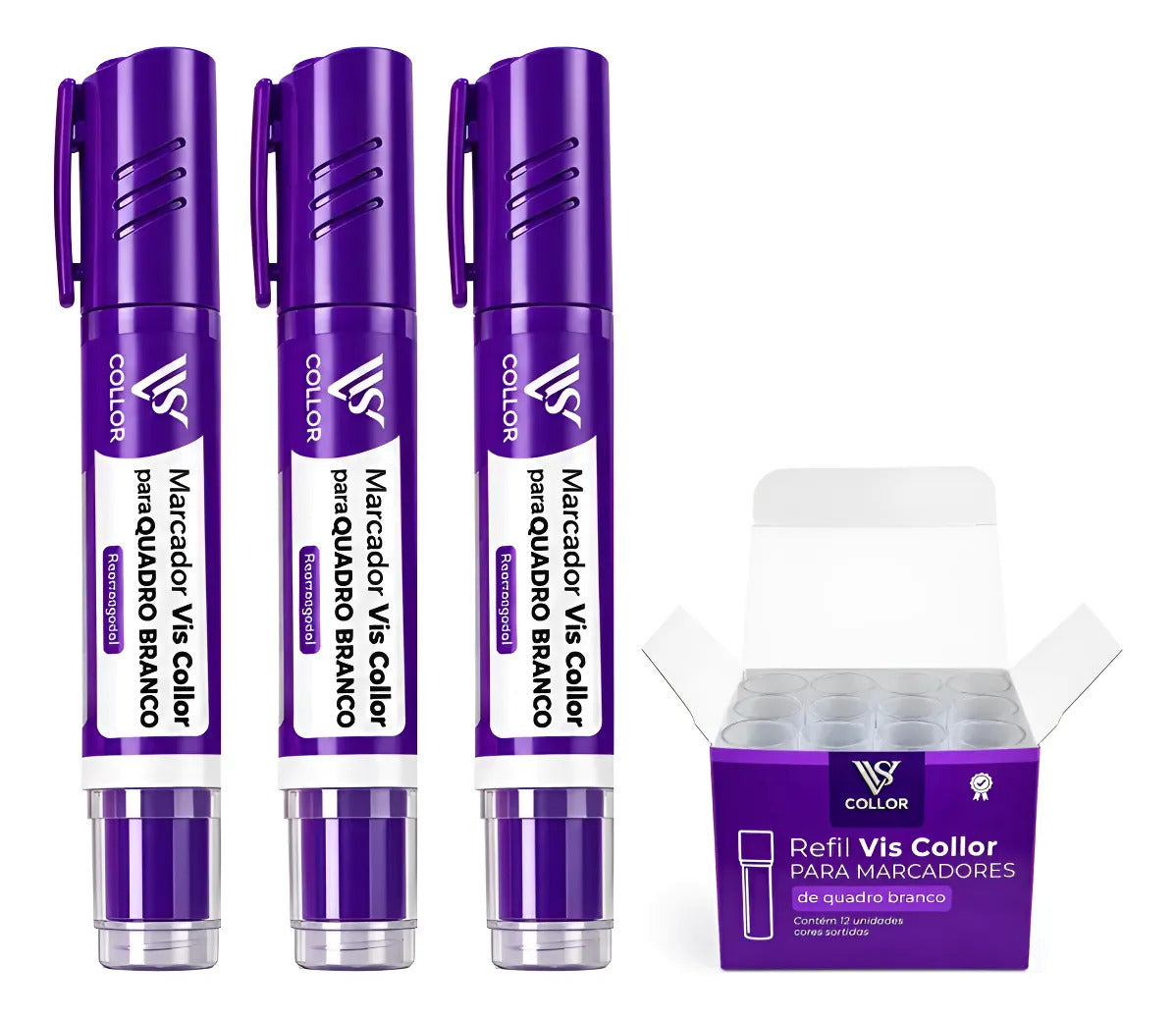Kit 3 Pincel Quadro Branco + 12 Refil Mesma Cor