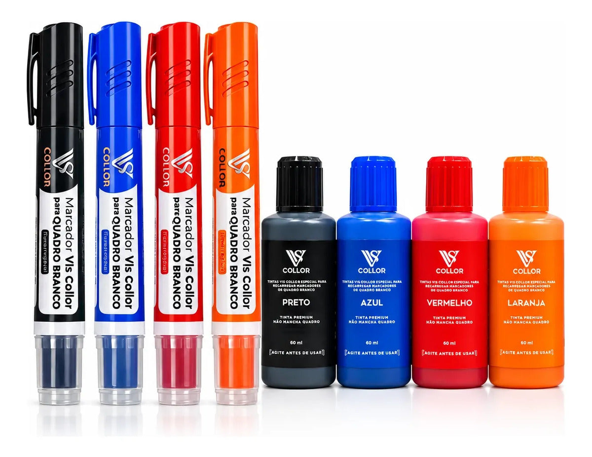 Kit 4 Pincel Quadro Branco + 4 Tintas 60ml Mesma Cor Recarga