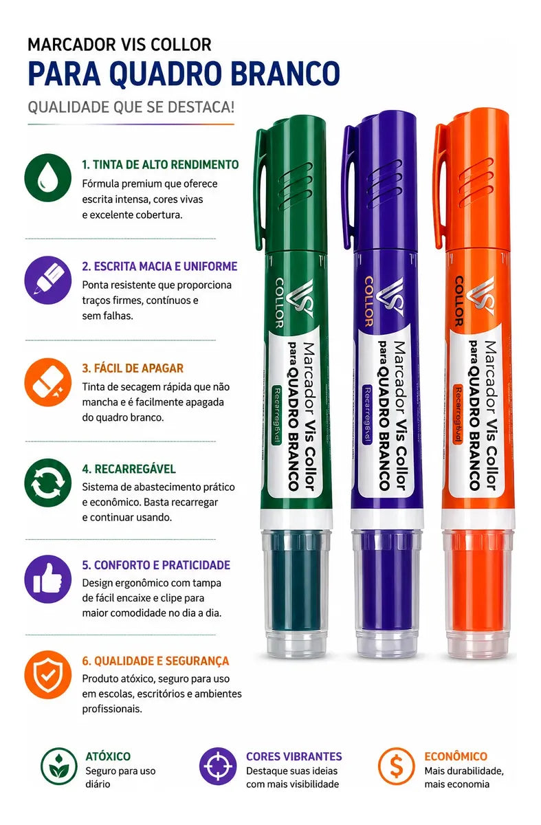Pincel Marcador Quadro Branco Recarregável + Tinta 60ml Vis Laranja