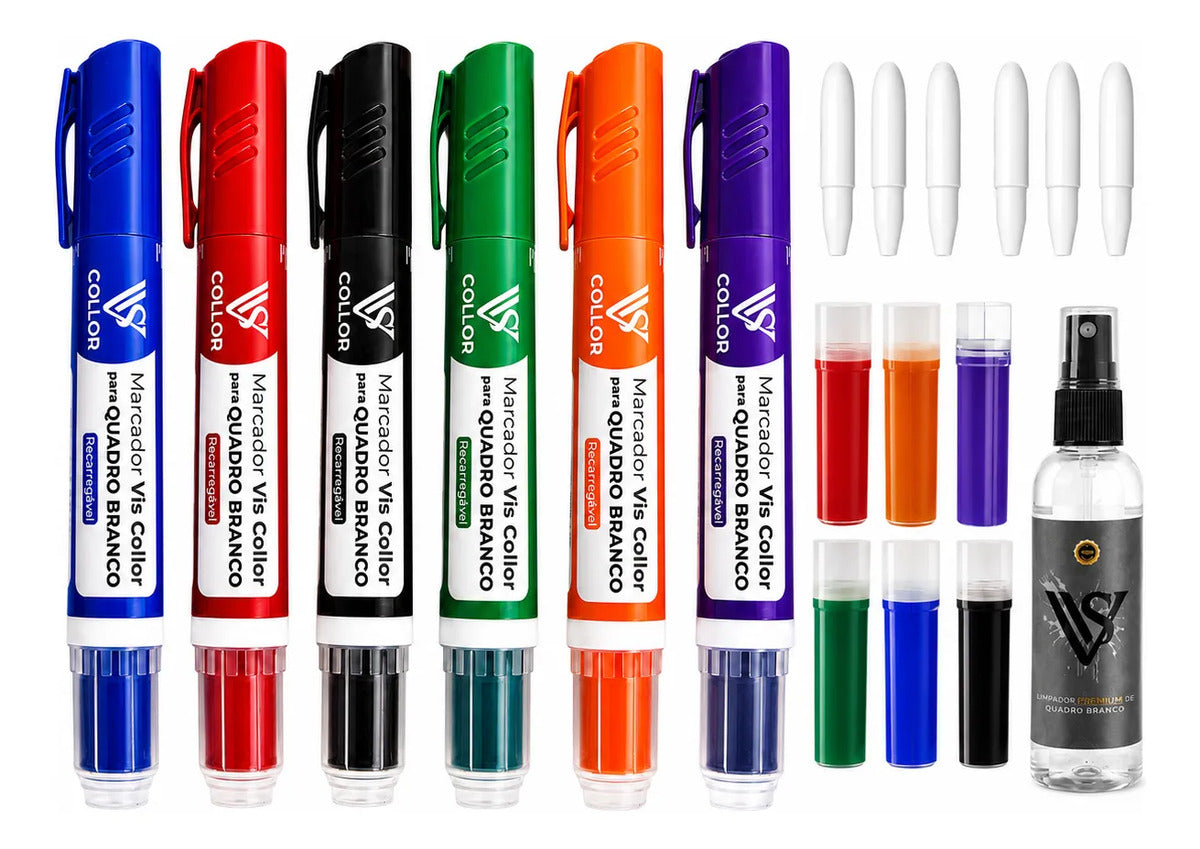 6 Pincel Marcador Quadro Branco+6 Recargas+6 Pontas+limpador Multicolor