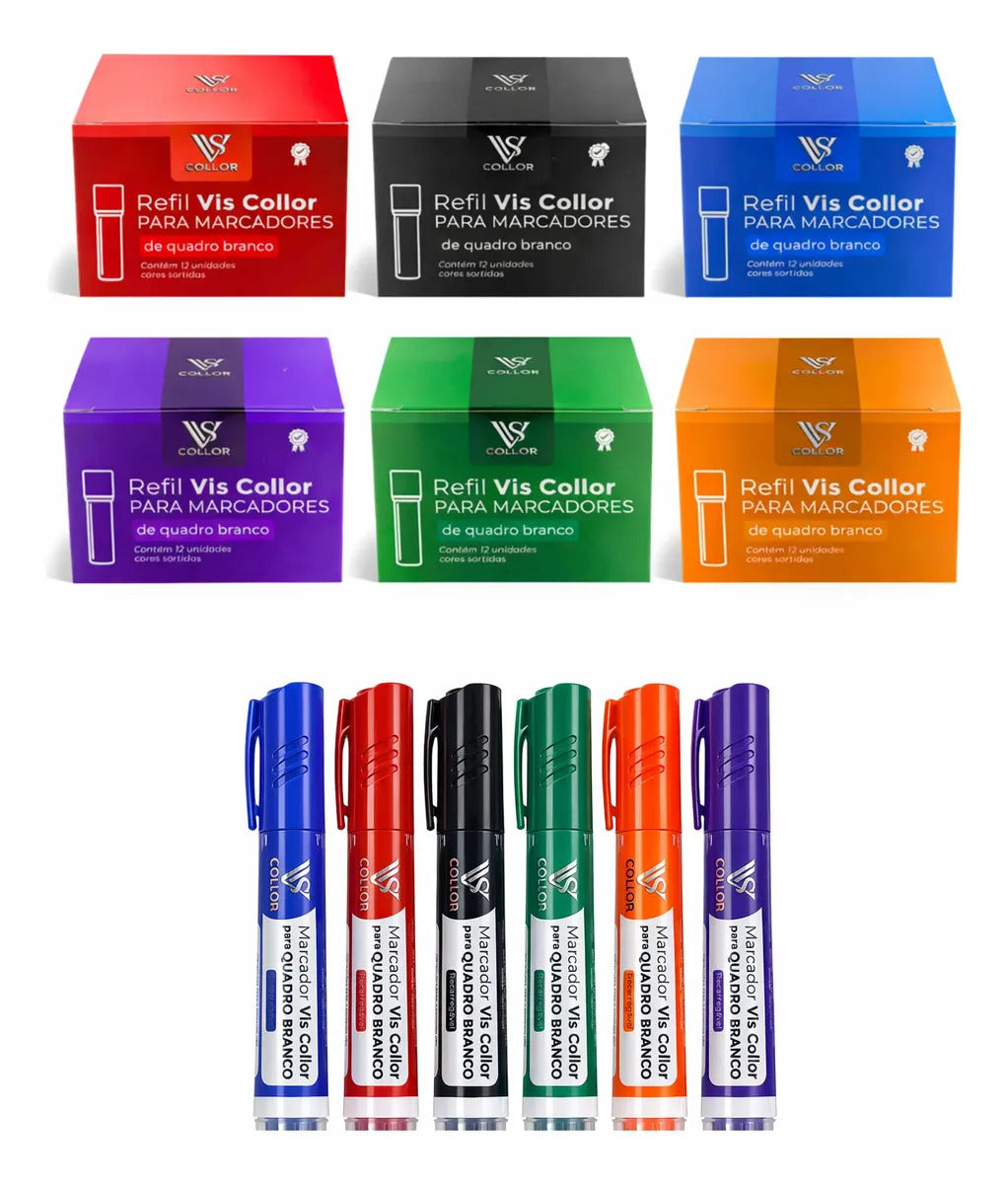 Kit Marcador Para Quadro Branco Vis Collor Com 6 Canetões E 72 Recargas