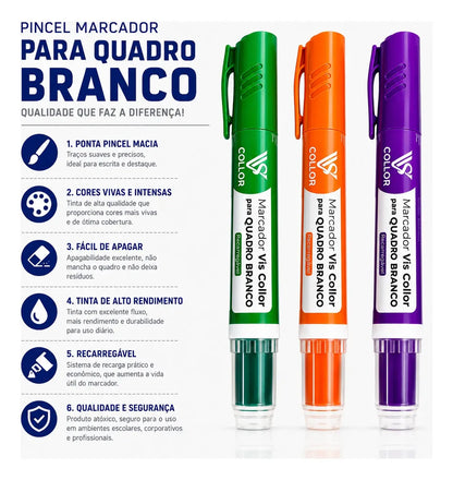 3 Pincel Marcador Quadro Branco Recarregável+pontas+limpador Verde -laranja- Violeta