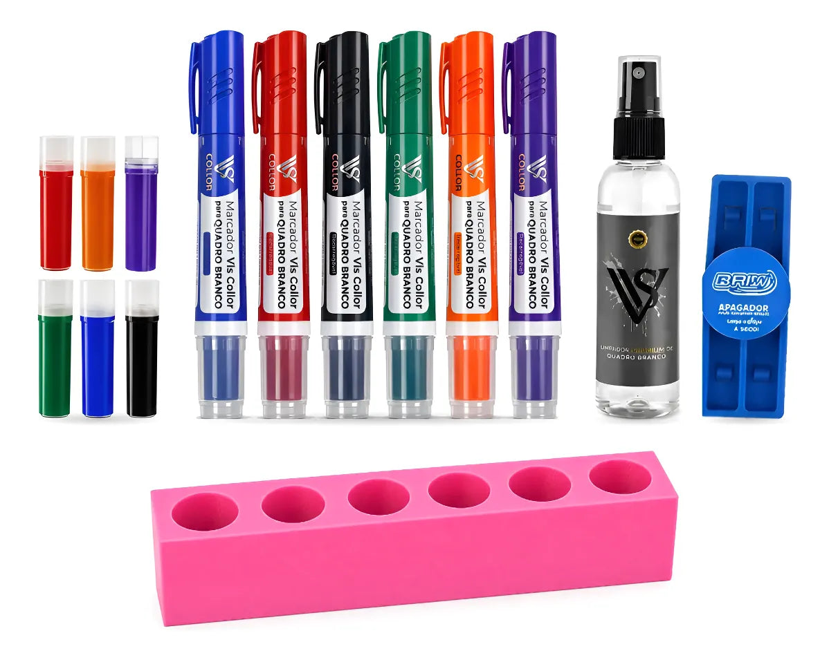 Kit Professor 6 Pincel Quadro Branco Recarregável Apagador