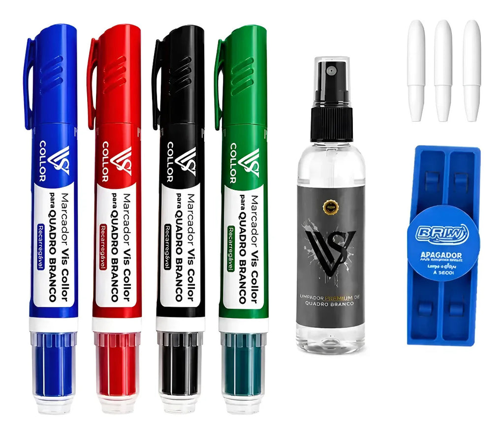 Kit Pincel Quadro Branco Recarregável 4 Cores + Apagador