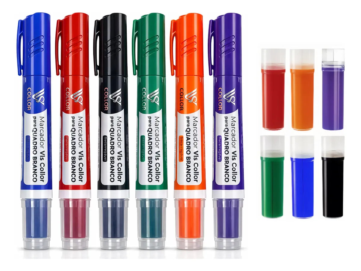 Kit 6 Pincel Tinta De Quadro Branco Lousa+6 Refis De Brinde 6 Cores