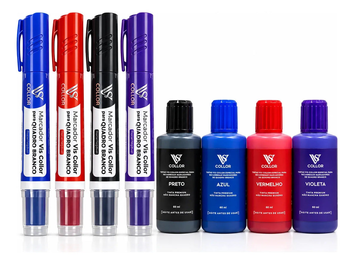 Kit 4 Pincel Quadro Branco + 4 Tintas 60ml Mesma Cor Recarga