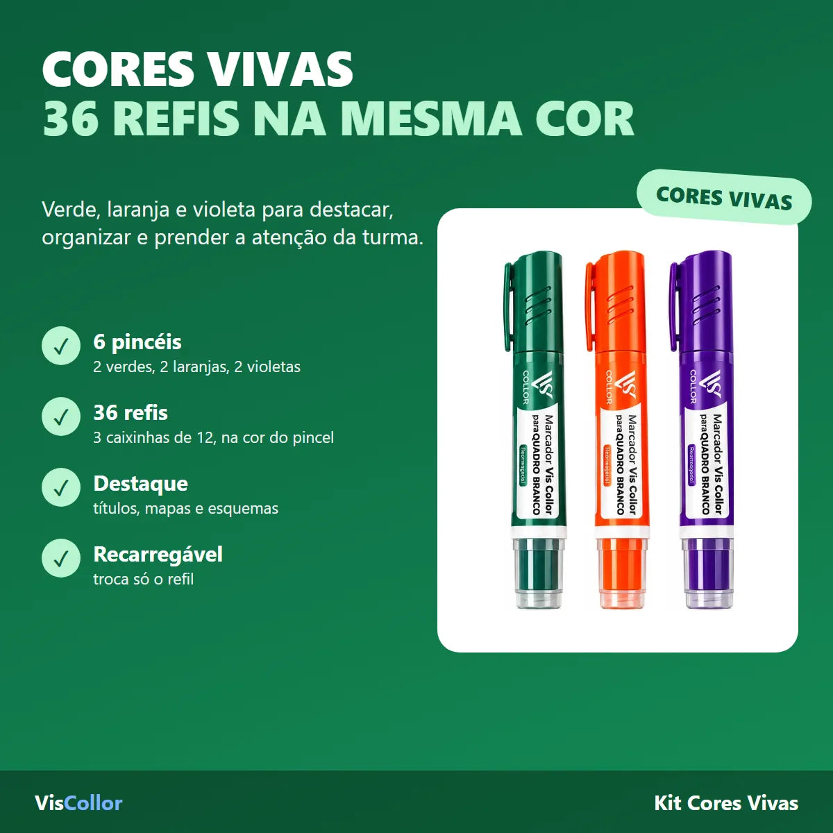 Kit 6 Pincel Quadro Branco Cores Vivas + 36 Refis