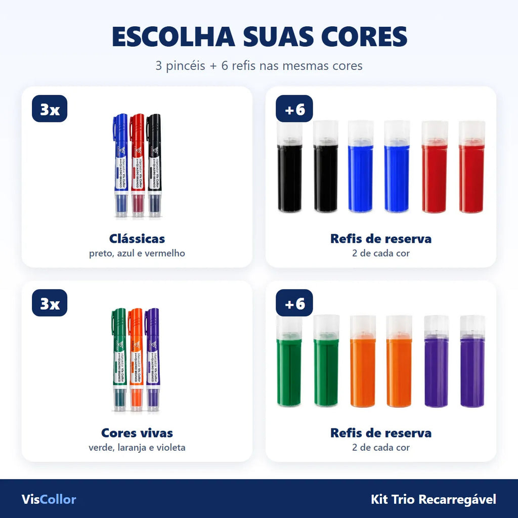Kit 3 Pincel Quadro Branco Recarregável + 6 Refis
