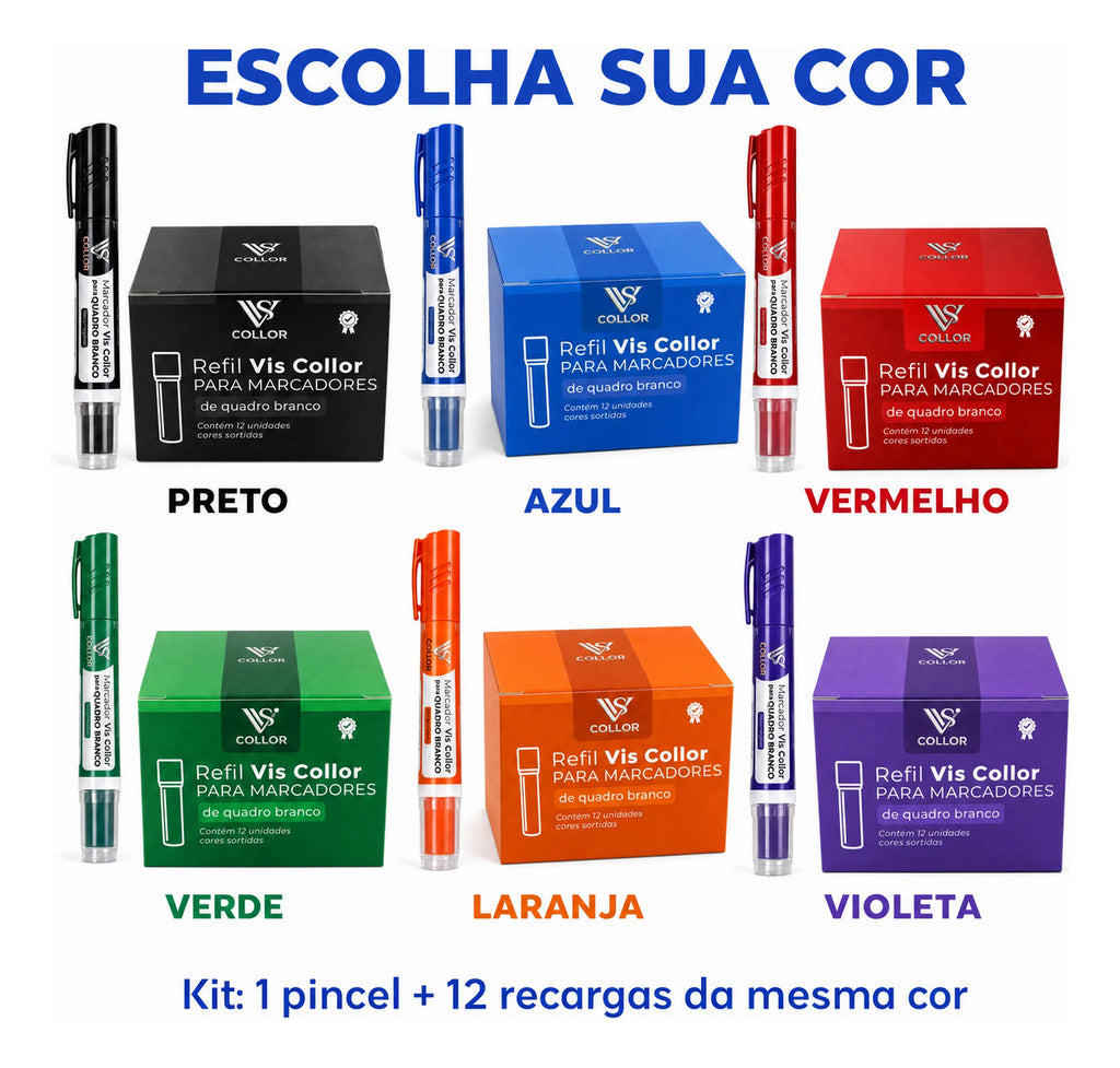 Pincel Quadro Branco Recarregável + 12 Recargas Não Mancha