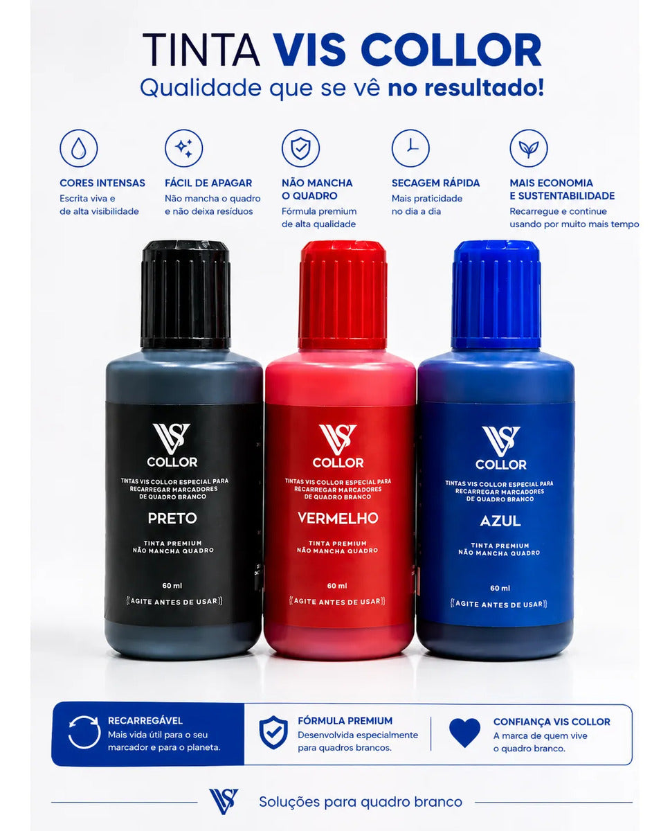 Pincel Marcador Quadro Branco Recarregável + Tinta 60ml Vis Azul