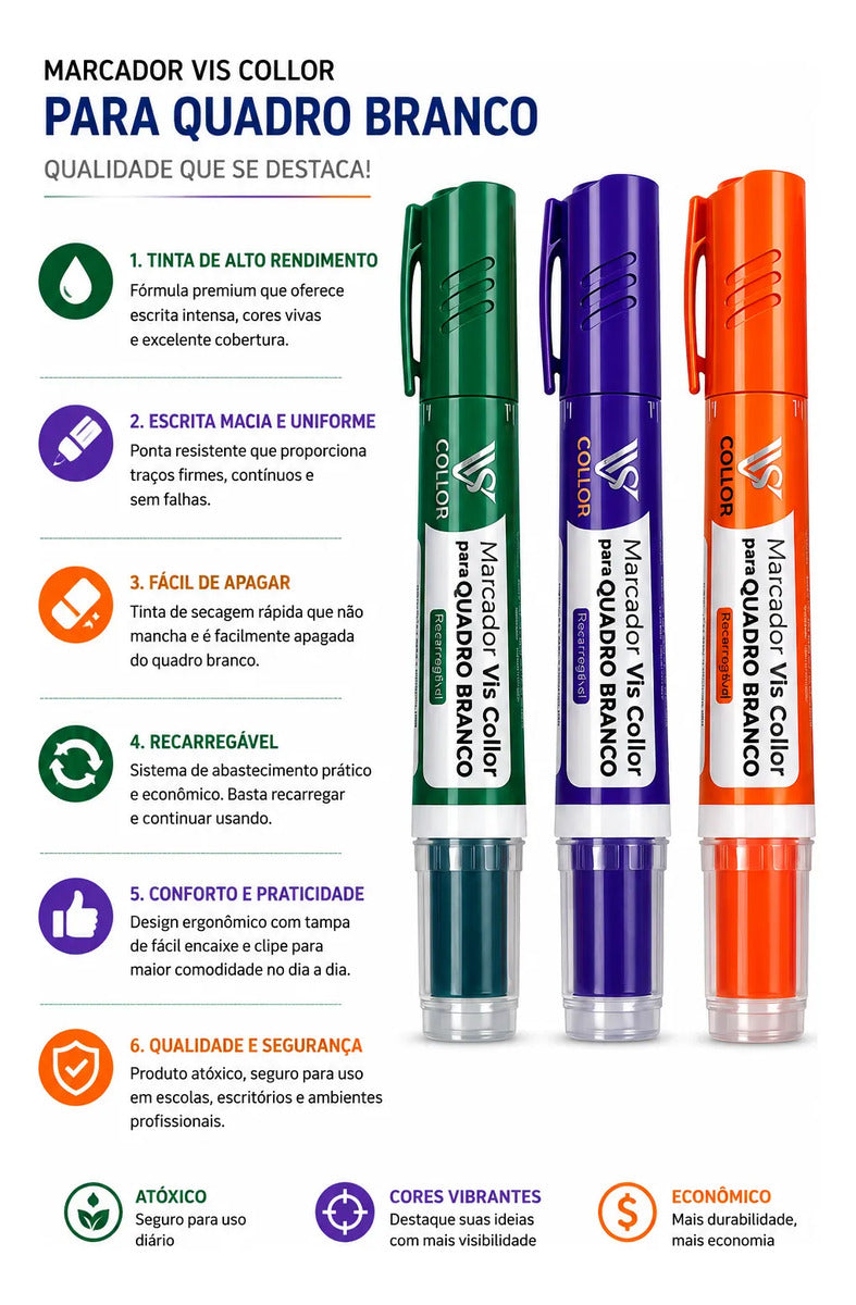 Pincel Marcador Quadro Branco Recarregável + Tinta 60ml Vis Violeta
