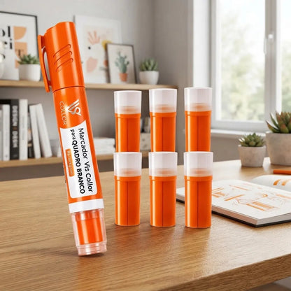 Pincel Marcador Quadro Branco Recarregável+6 Recargas Extras Laranja