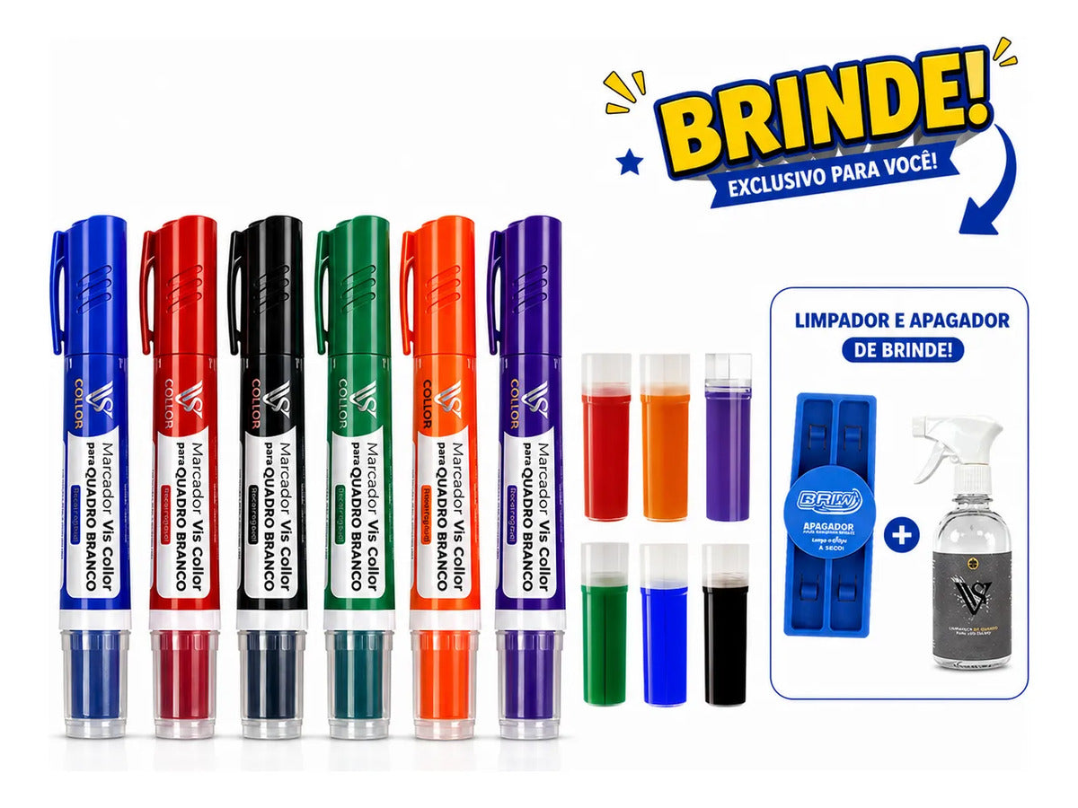 Kit 6 Pincel Para Quadro Branco+ 6 Recargas Extras + Brinde 6 Cores