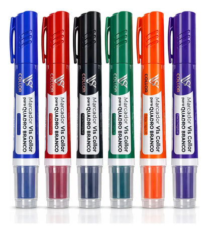 Kit Marcador Para Quadro Branco Vis Collor Com 6 Canetões E 72 Recargas