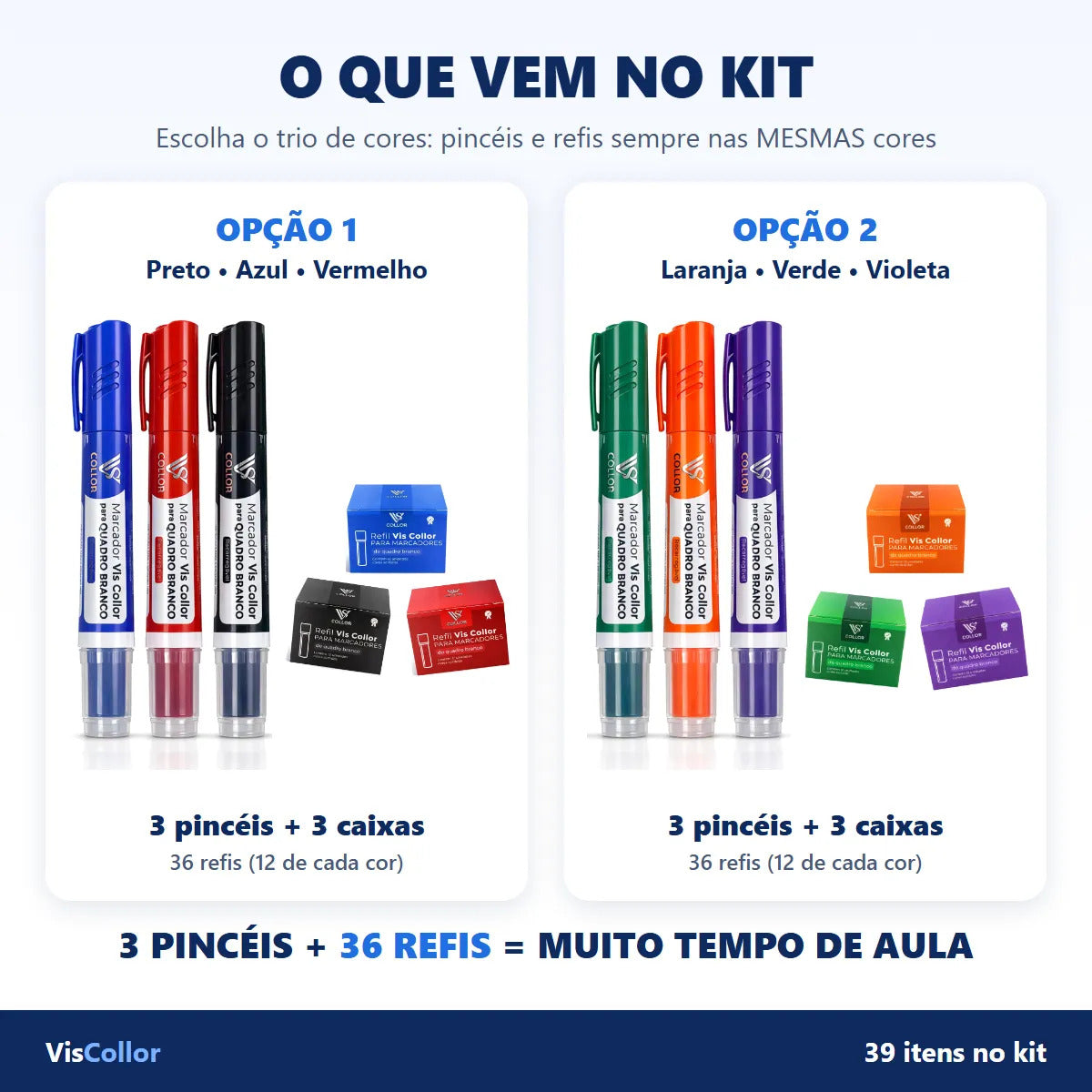Pincel Quadro Branco Recarregável Kit 3 + 36 Refil
