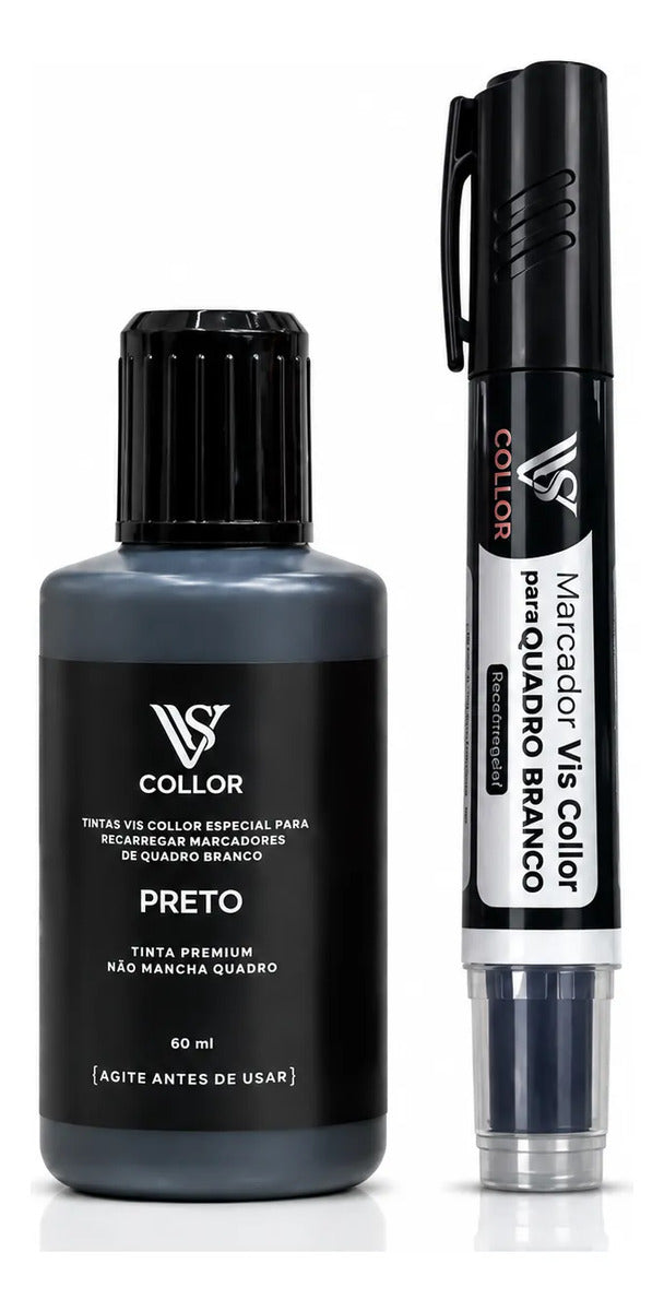 Pincel Marcador Quadro Branco Recarregável + Tinta 60ml Vis Preto