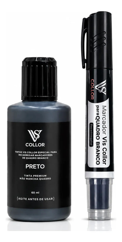 Pincel Marcador Quadro Branco Recarregável + Tinta 60ml Vis Preto