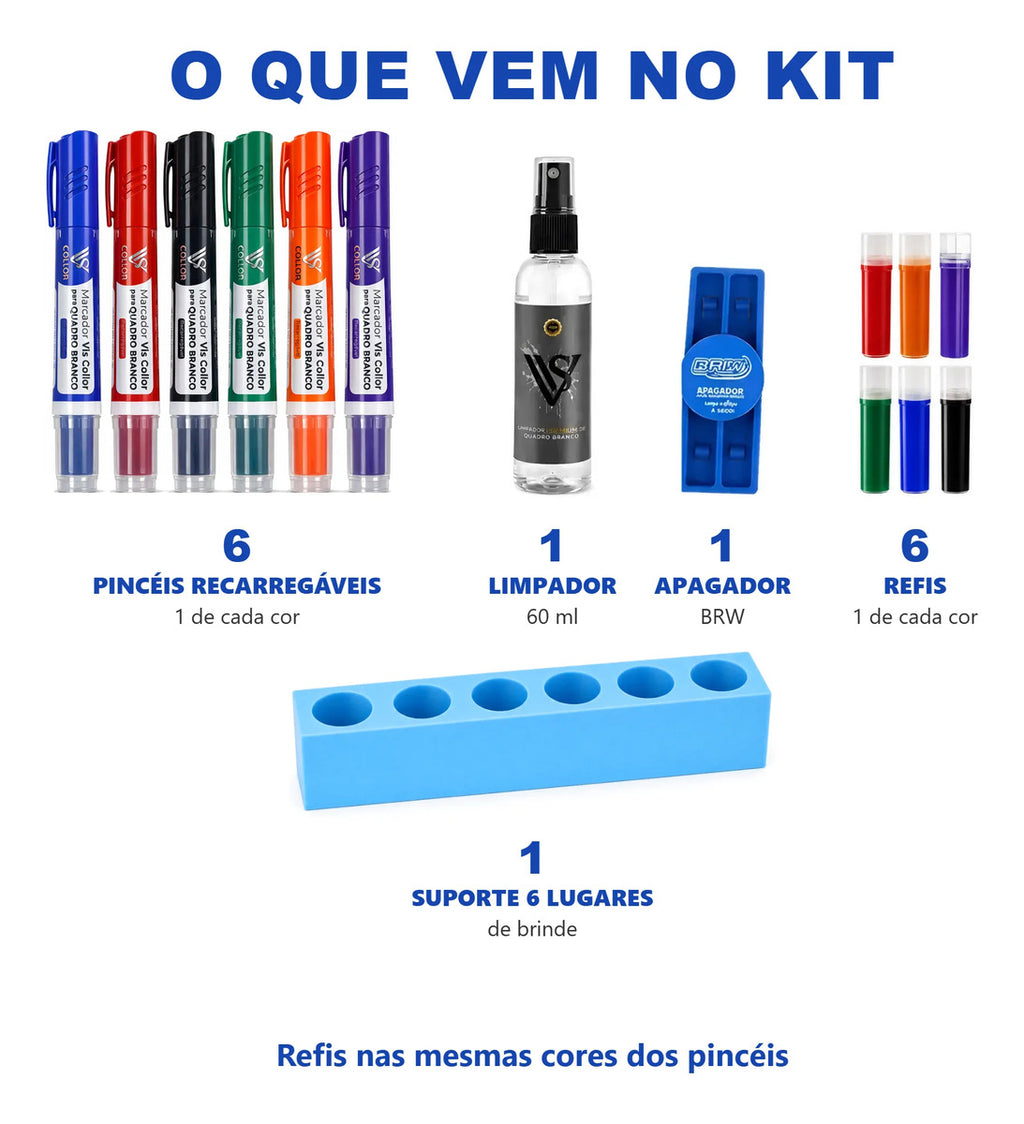 Kit Professor 6 Pincel Quadro Branco Recarregável Apagador