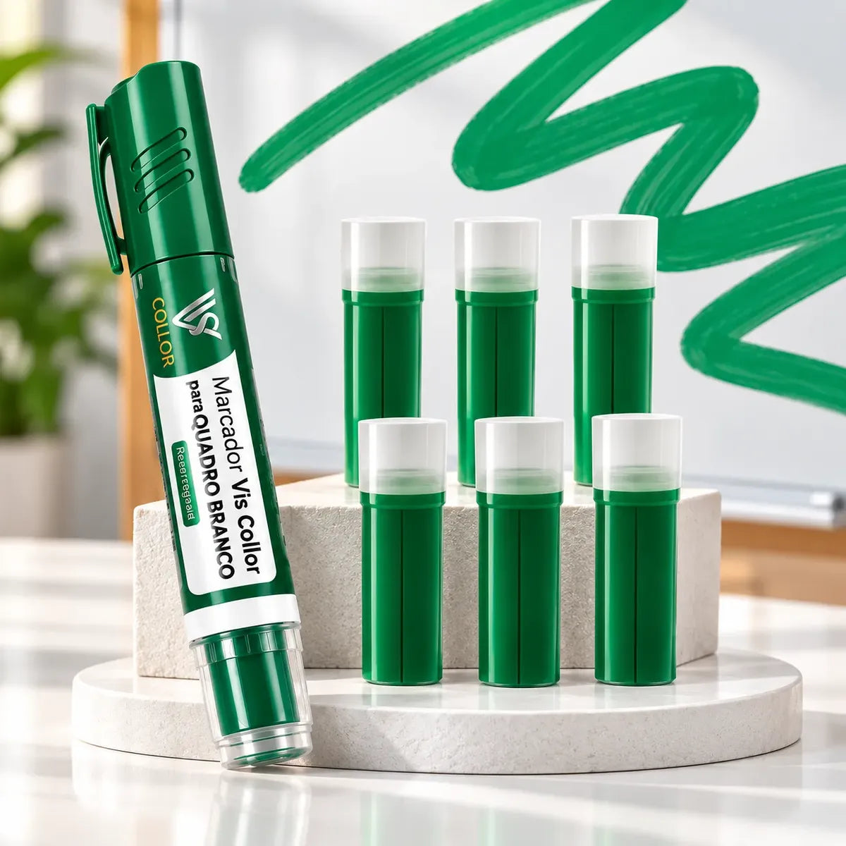Pincel Marcador Quadro Branco Recarregável+6 Recargas Extras Verde