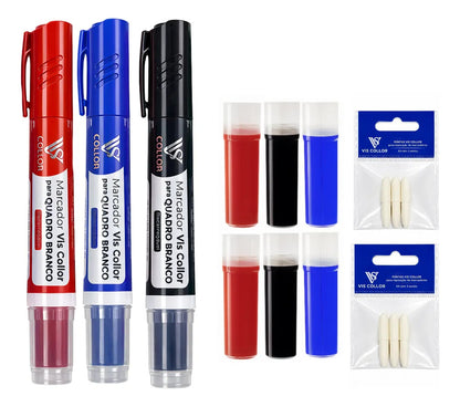3 Pincel Quadro Branco+ 6 Recargas Extras+6 Pontas Reposição Pt, Az, Vm (preto, Azul, Vermelho)