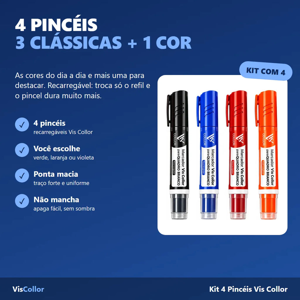 Kit 4 Pincel Quadro Branco Recarregável Professor Sala Aula