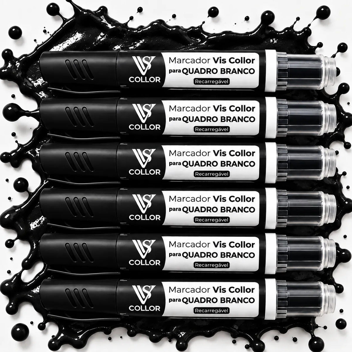 Kit 6 Marcadores Pincel Viscollor Recarregável Quadro Branco Preto
