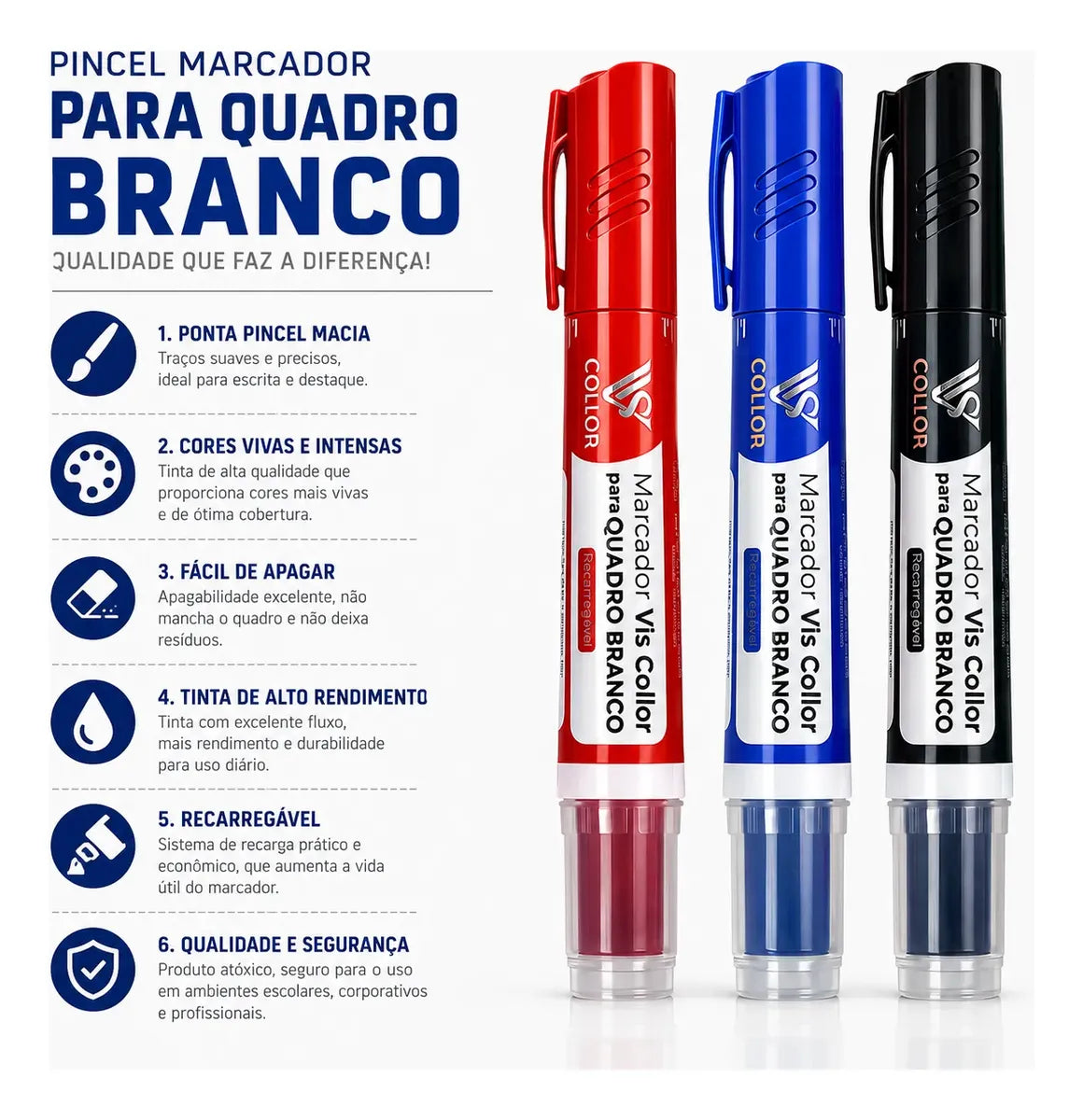 Pincel Marcador Quadro Branco Recarregável + Tinta 60ml Vis Vermelho