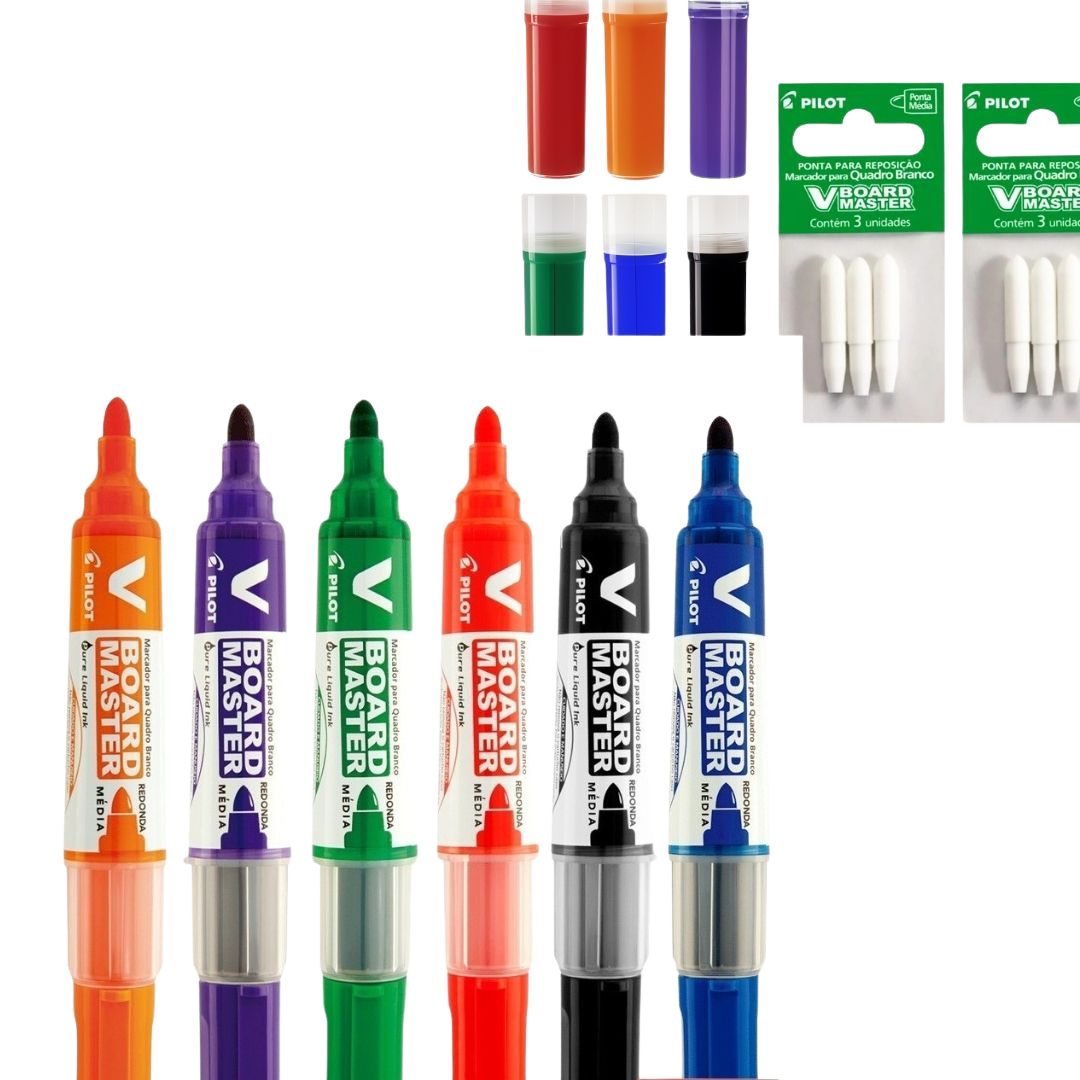 kit 6 pinceis colorido para quadro branco pilot+ 6 pontas+ 6 Refil extras