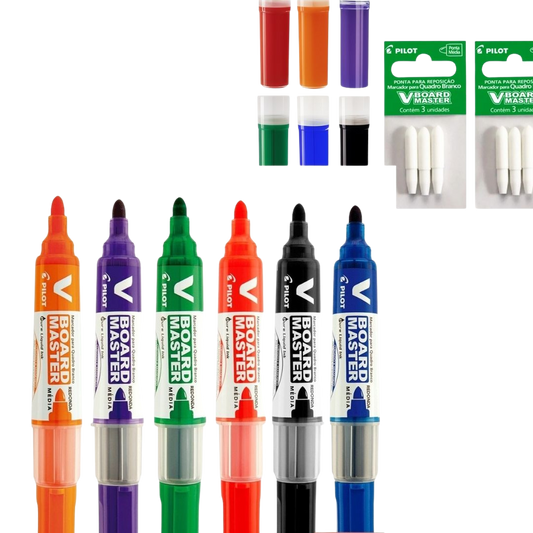 kit 6 pinceis colorido para quadro branco pilot+ 6 pontas+ 6 Refil extras