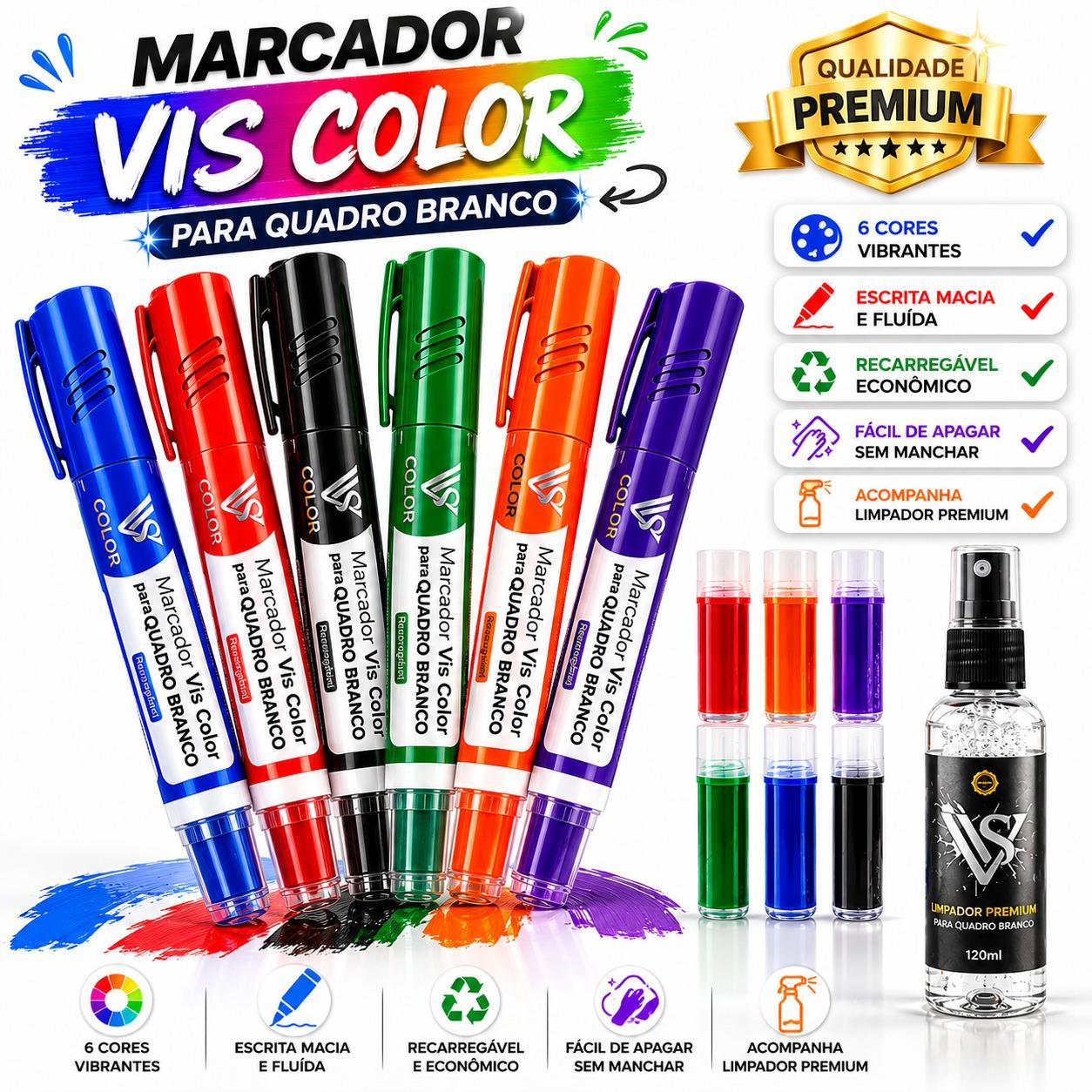 6 Marcador pincel de quadro branco lousa + 6 Recargas Extras + Brinde