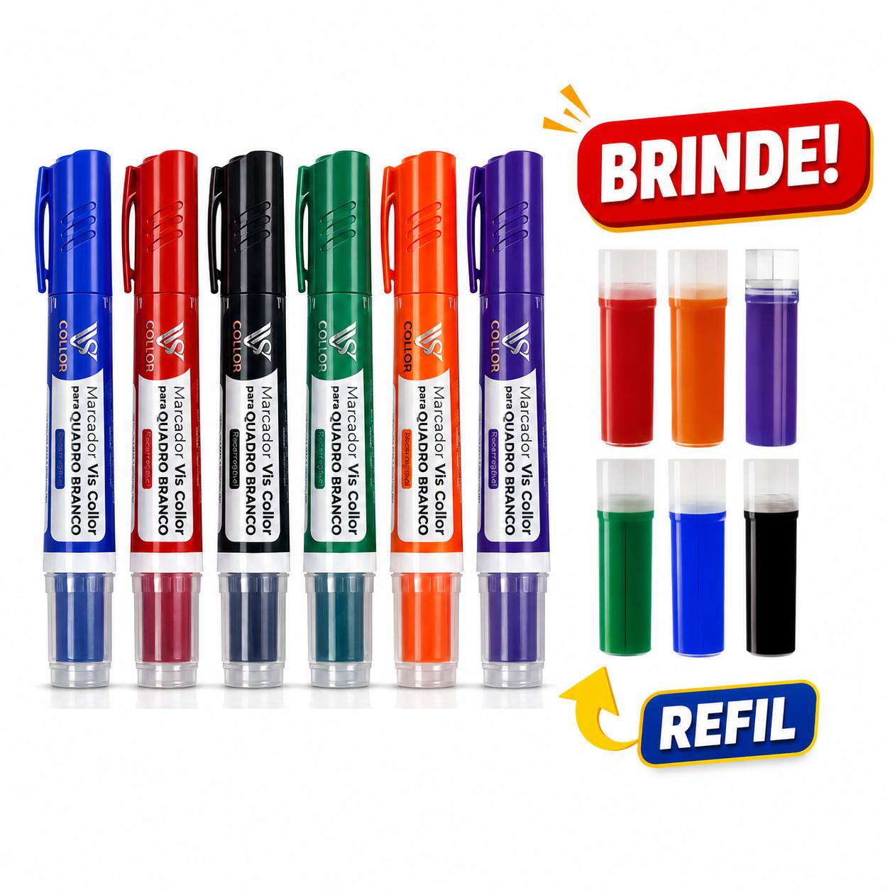 6 Marcadores Pincel Quadro de Branco LousaEscola + 6 Refil Extras de Brinde