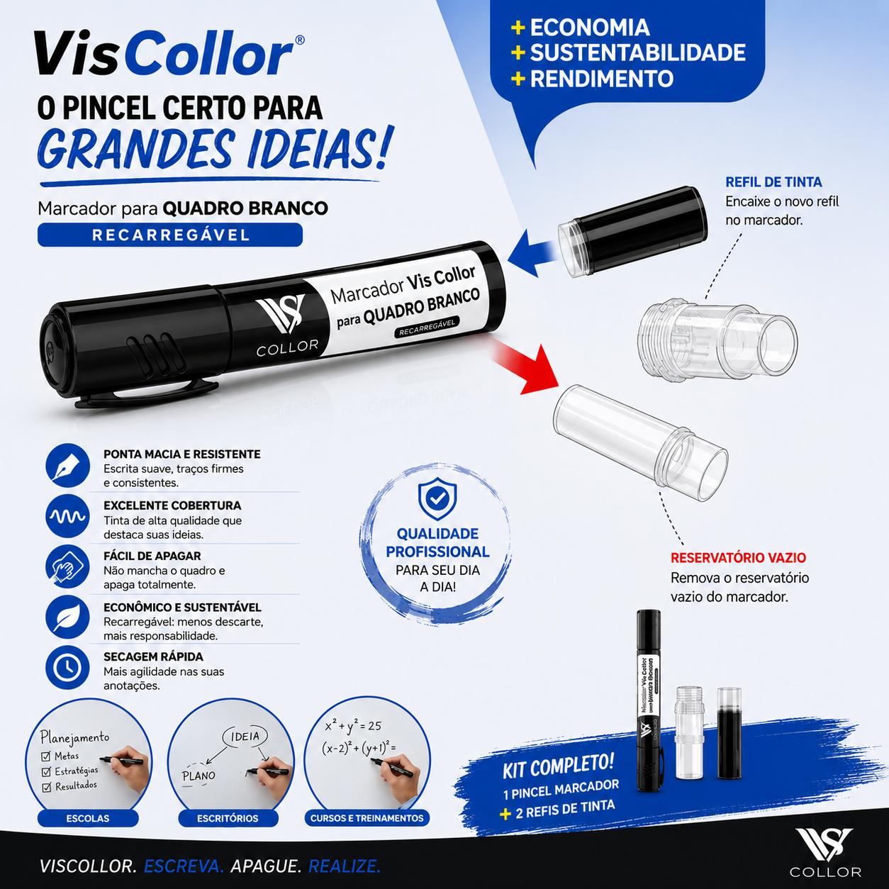 3 Pincel Marcador Canetão Recarregavel Para Quadro branco Lousa Escola - Para Professor da Aula -Não Mancha Quadro