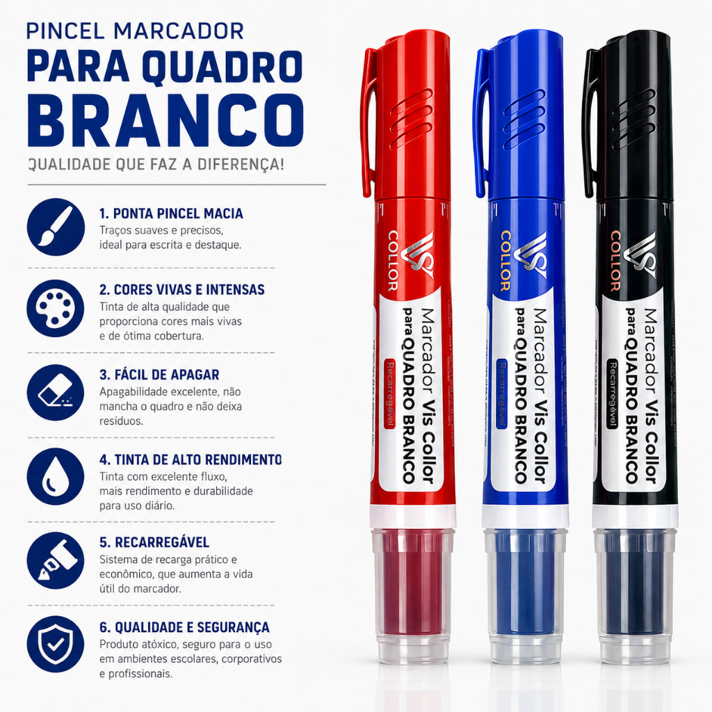 2 Pincel Maracdor Quadro Branco Escola + 24 Recargas extras  Qualidade Que Não -Mancha