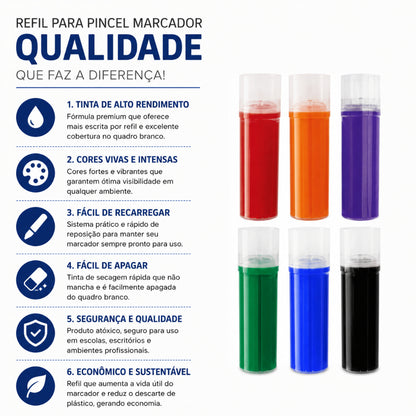 6 Pincel Marcador Canetão de Quadro de Escola Lousa + 6 Recargas Gratis