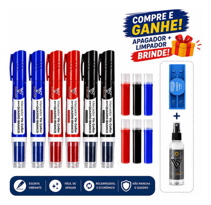 6 Pincel Canetão De Quadro Branco Lousa+ 6 Cargas + Brinde [preto, Azul, Vermelho]