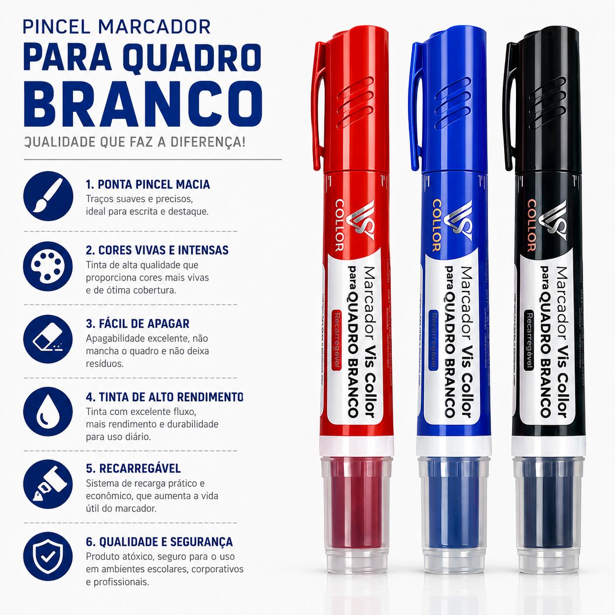6 Pincel Marcador Canetão Recarregavel de quadro barnco lousa Escola -Não Mancha