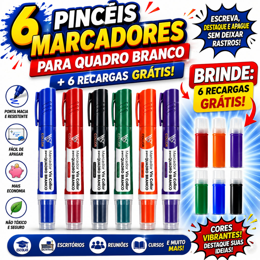 6 Pincel Marcador Canetão de Quadro de Escola Lousa + 6 Recargas Gratis