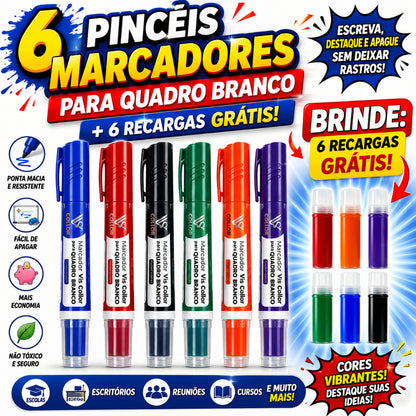 6 Pincel Marcador Canetão de Quadro de Escola Lousa + 6 Recargas Gratis